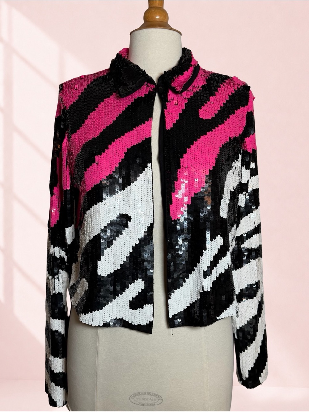 Nasty Gal Collection Zebra Sequin Cropped Jacket Pink Black White 6 - Picture 3 of 12